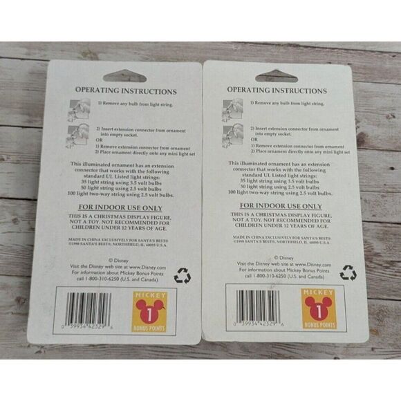 Mickey Mouse Illuminated Ornament 1998 Santa's Best EZ Light Set of 2 Christmas - Picture 8 of 9